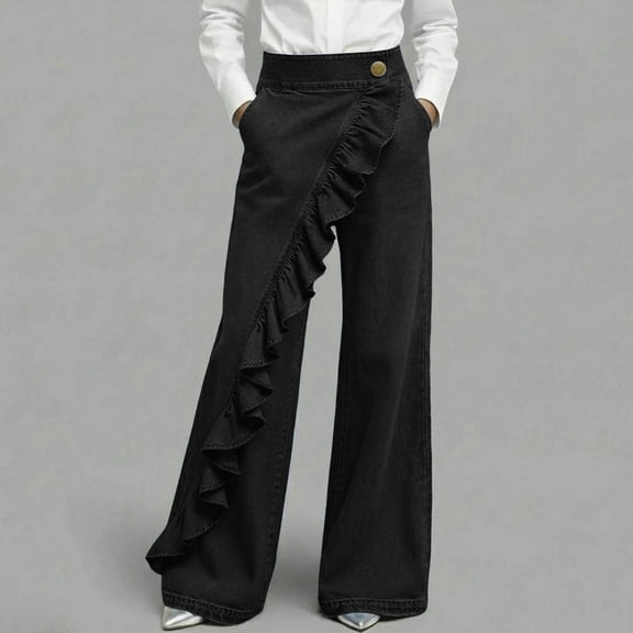Zivyakyron Full Length Womens Wide Leg Jeans Baggy Casual Denim Summer Womans Jeans Frayed Solid Asymmetrical Culottes Pants