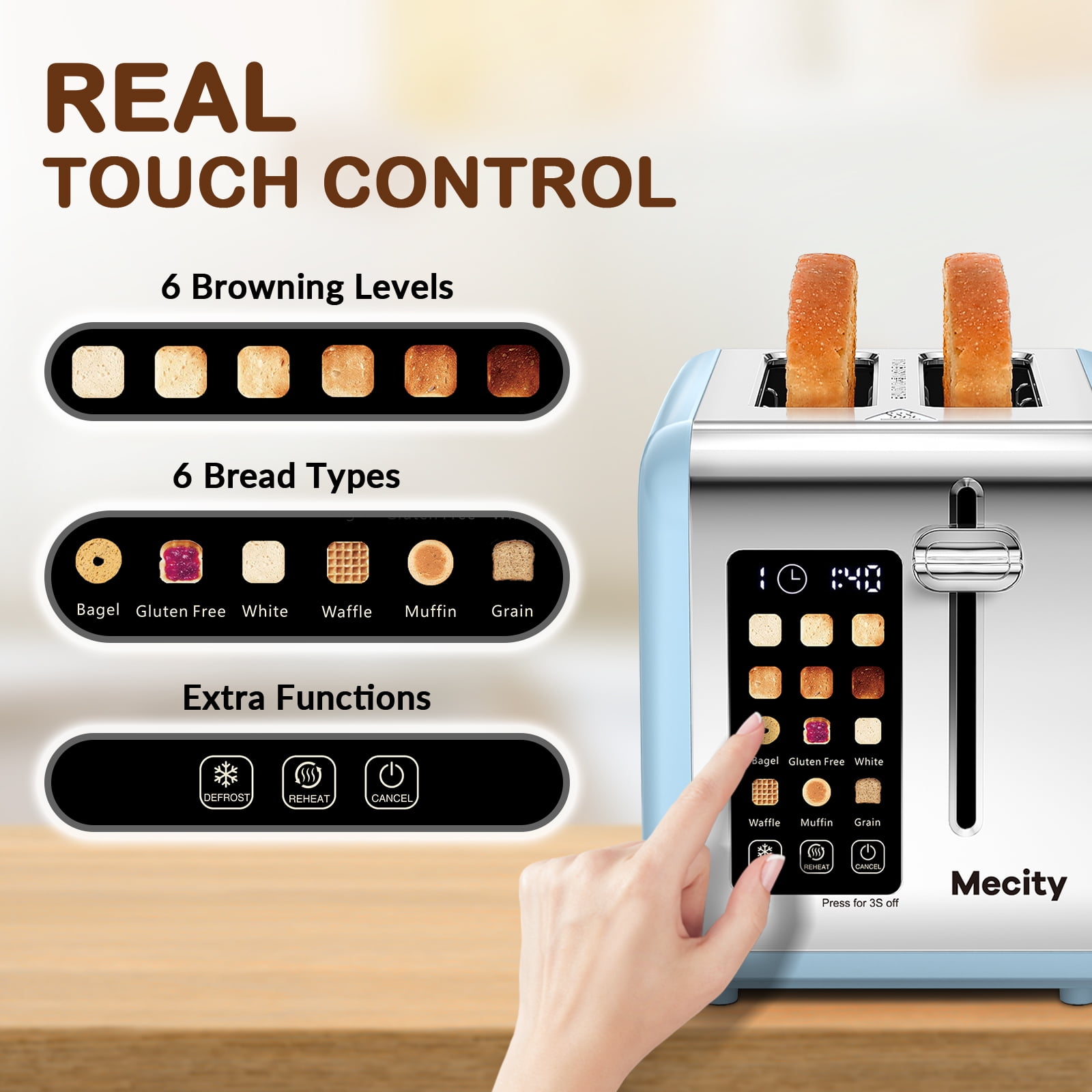 Mecity 2-Slice Touchscreen Toaster, Stainless Steel, 6 Shade Settings, Wide Slots, Crumb Tray, 120V, Blue