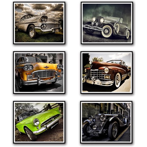 Car Poster Canvas Wall Art Old American in Brown Retro Style Pictures Print Vintage Western Decor for Home Office Living Room Man Bedroom 8x10 inch Unframed