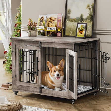Dog Crate Furniture for Medium Dogs, 32'' Dog Kennel Indoor with Cushion & Wheels Wooden Dog Cage Double Doors Dog Crate End Table, Grey