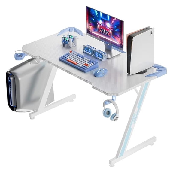 SONGMY Gaming Computer Desk with Carbon Fiber Surface, Gaming Table Z Shaped Pc Home Office with Cup Holder&Headphone Hook(44 in, White&Blue)
