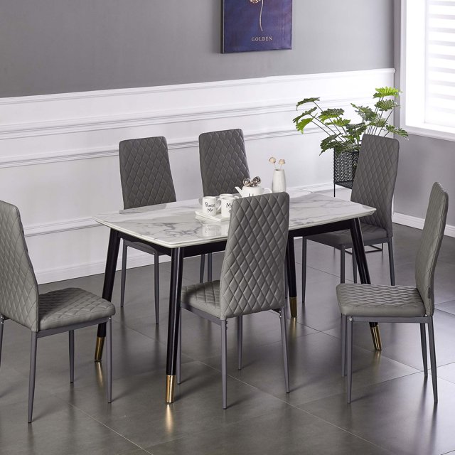 Set of 6 Leather Dining Chairs Set with Upholstered Cushion & High Back, Gray Kitchen Chairs