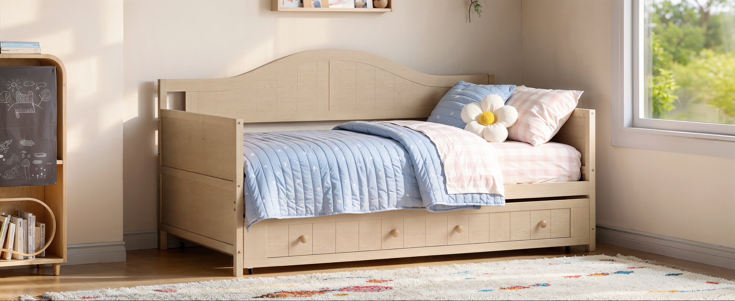 Twin Solid Wood Daybed with Drawer Rolling Trundle, Multi-Purpose Single Sofa Bed for Bedroom Living Room,Natural