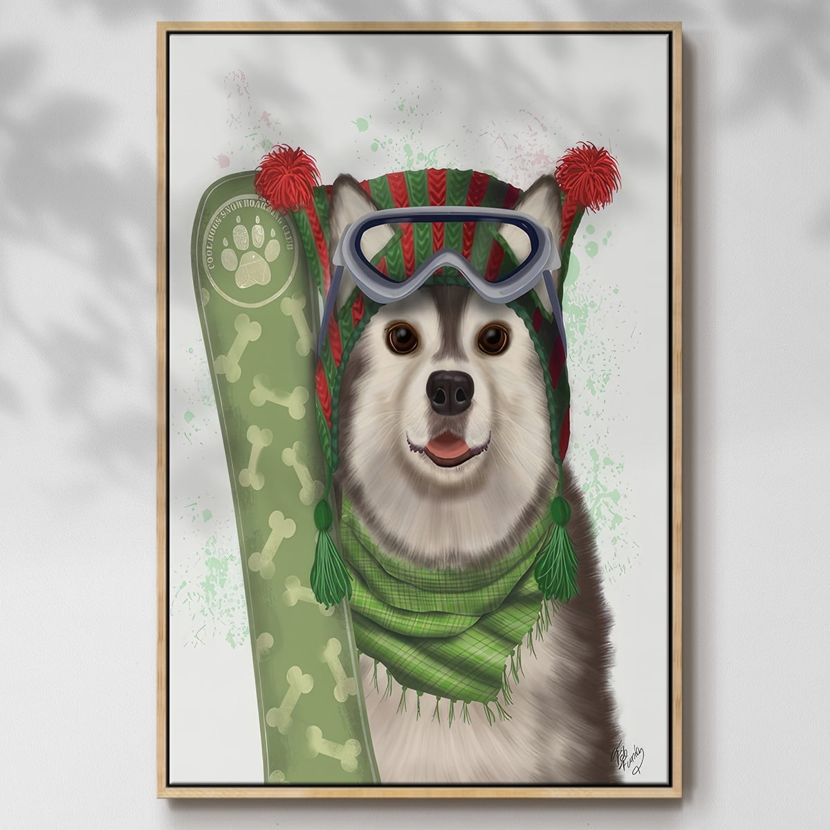 Christmas Husky Snowboard - Framed Gallery Wrapped Holiday Canvas - 27 x 41 - Natural Wood Frame