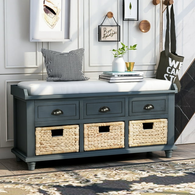 MODERNLUXE 42" Rustic Storage Shoe Bench, Wood Bench with 3 Drawers and 3 Rattan Baskets for Living Room, Entryway, Antique Navy