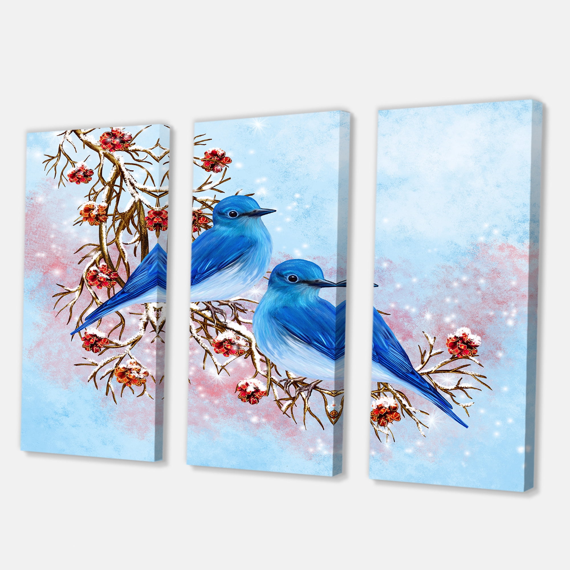 Designart ' Two Blue Birds Sitting On A Branch With Berries In Winter ' Traditional Canvas Wall Art Print