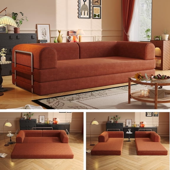 YVDNHP Modern Foldable Sleeper Couch with Fixed Frame for Small Spaces, Apartment & Bedroom, (Orange)