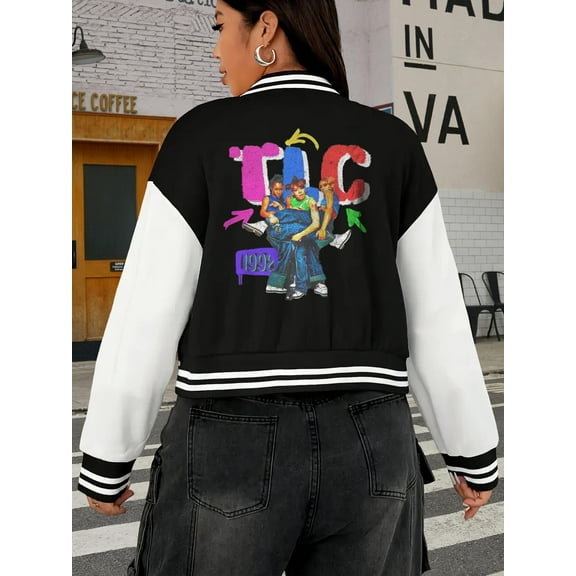 Women's Big Size Retro Baseball Jacket TLC Hoodie 90s Hip Hop Vintage Oversize Ladies Jacket