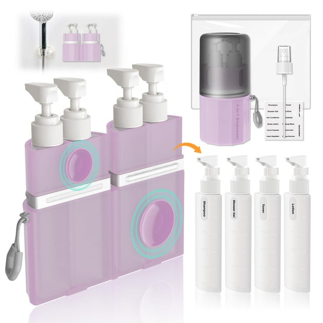 Botellas de viaje VOGOGE para artículos de tocador 4 en 1 con ventosas, color rosa