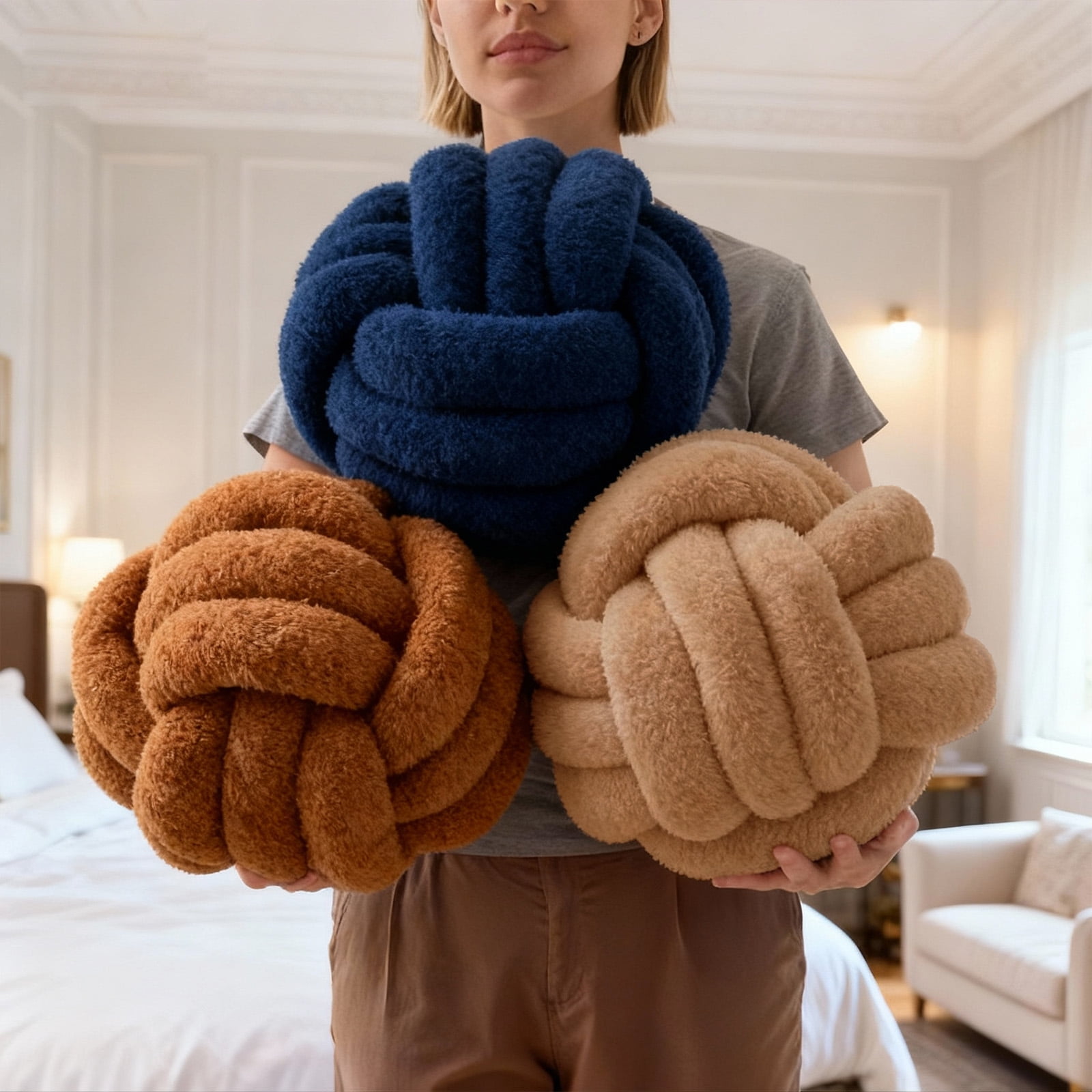 Knot Pillow Ball Plush - Decorative Throw Pillows for Bed Stress Relief, Round Knot Cushion for Sofa Decor Pet Toy, Brown 12 Inch