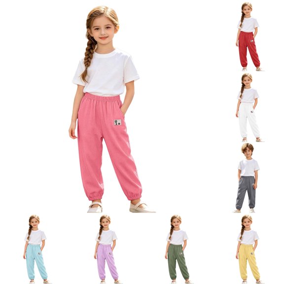 CAIVO Lightweight Girls Summer Pants With Pockets For Breathable Soft Kids Trousers For Outdoor Play Fashionable Solid Color Bottoms