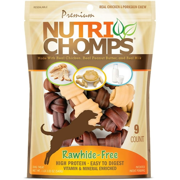 Nutri Chomps Rawhide-Free Knotted Dog Chews, 4-Inch, Chicken, Peanut Butter & Milk Flavor, 9 Count