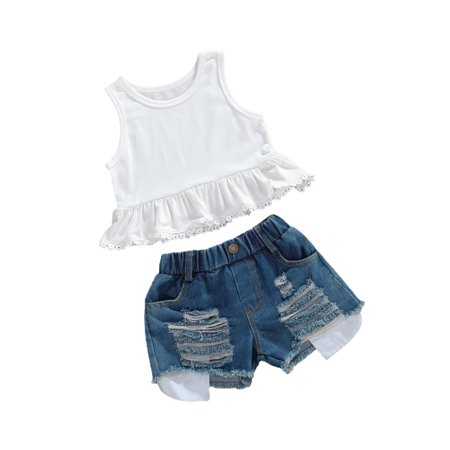 

Bebiullo Girls 2 Piece Summer Dress Sleeveless Ruffled Round Neck Vest Ripped Jean Shorts