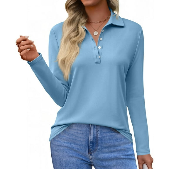 Women's Polo Shirts Long Sleeve Cotton Collared T Shirt Golf Shirt Business Casual Tee Uniform Tops ButtonSky Blue XL