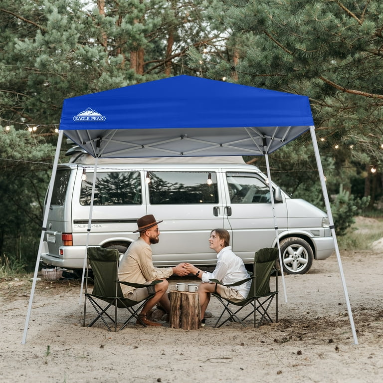 EAGLE PEAK 8x8 Slant Leg Pop up Canopy Tent Easy One Person Setup Instant Outdoor Beach Canopy Folding Portable Sports Shelter 8x8 Base 6x6 Top Blue