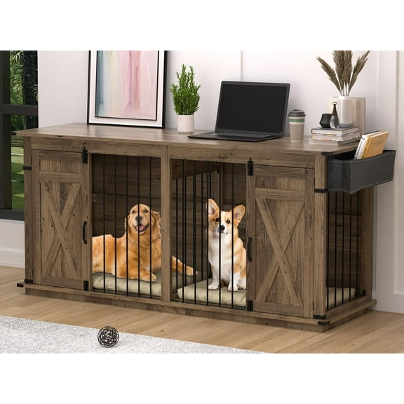 72.4" Double Dog Crate Furniture, Heavy Duty Wooden Kennel with Divider, XL Dog Cage TV Stand for Medium Large Dogs Indoor (No Drawers)