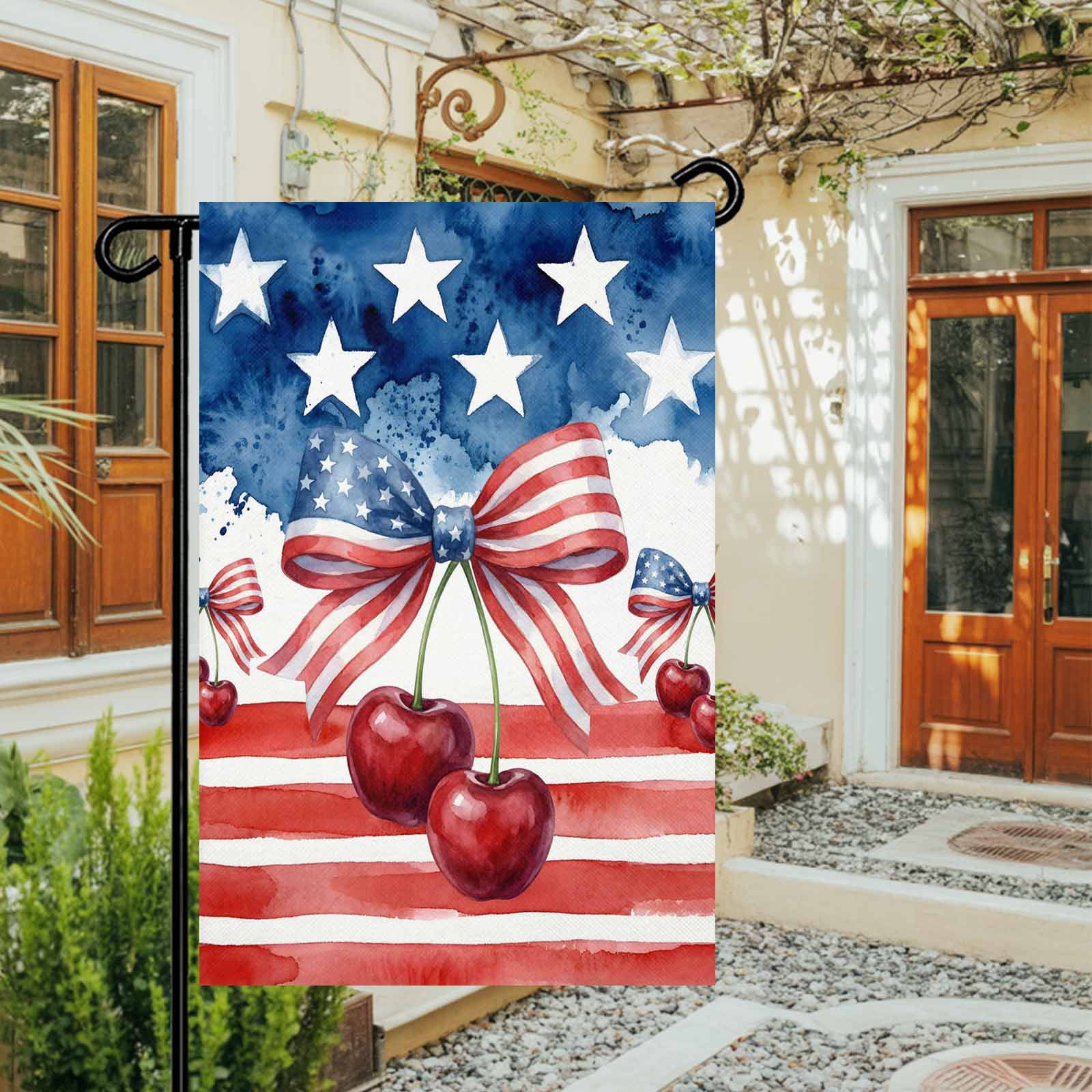 4th of July Garden Flags Patriotic Star Stripes Garden Flag Double Sided Welcome Flag Bow Tie Cherry Independence Day Yard Flags for Outdoor Lawn Porch Memorial Day Seasonal Holiday Decor 28x40 Inch