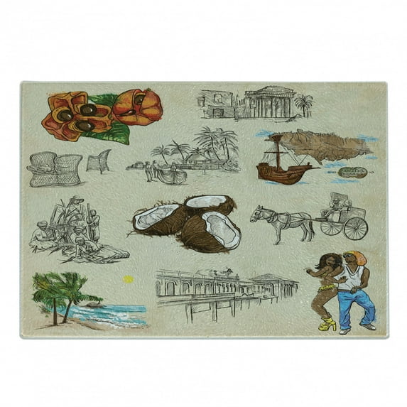 Jamaican Cutting Board, Hand Drawn Illustrations of Elements from Caribbean Cultures Old Paper Effect, Decorative Tempered Glass Cutting and Serving Board, in 3 Sizes, by Ambesonne