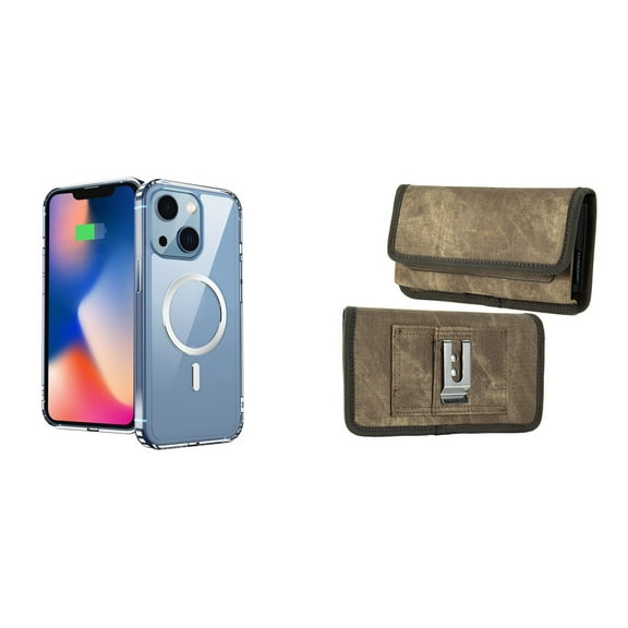 Ultra Clear Case (MagSafe Compatible) and Belt Holster Pouch for Apple iPhone 14 Plus (Black/Brown)