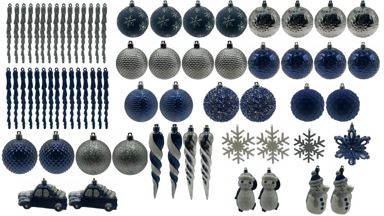 Holiday Time 70 Count Ornament Assortment in Dark Blue Colors, Various Shapes & Sizes, 70ct Orn Drk Blue