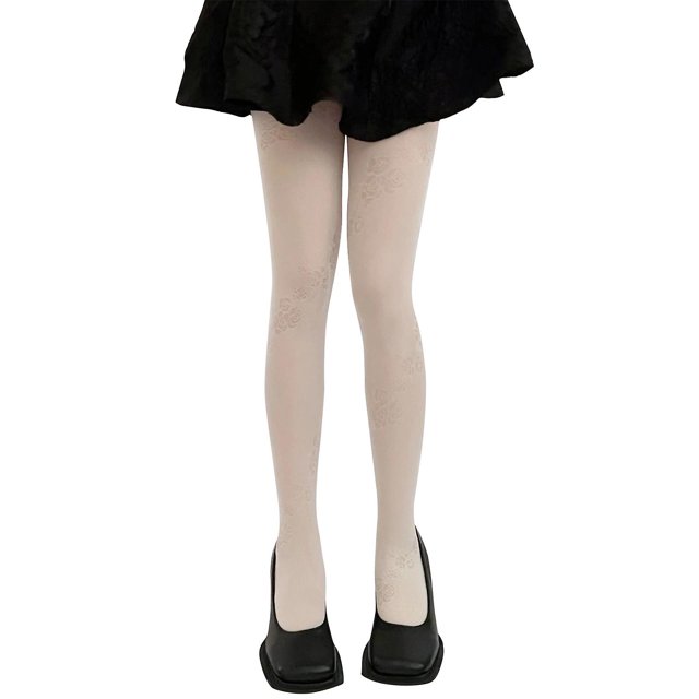 White Pantimedias sedosas Lolita para mujer, medias estampadas rodeadas de flores rosas Vintage