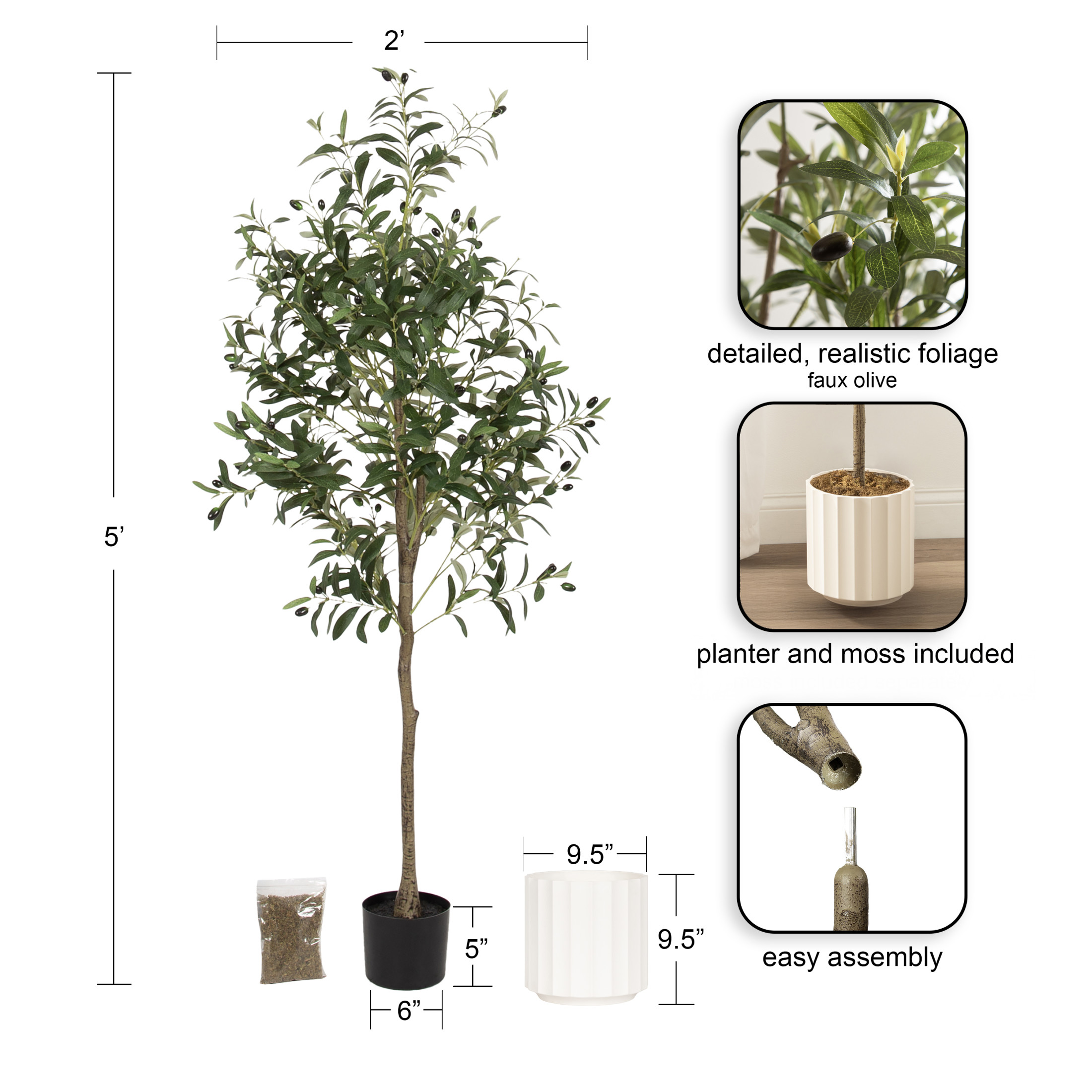 Kate and Laurel Oliveira Faux Olive Tree with Jibbs Scalloped Planter Pot, 5 FT, White, Potted Artificial Olive Plant Tree with Realistic Foliage and Added Moss, Fake Plant for Living Room Decor