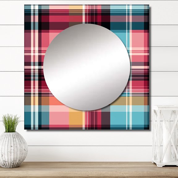 Designart "Pink And Blue Bohemian Plaid Design" 0 Square Mirror For Wall Decor - Large Red Square Mirror Printed Wall Decor - Vintage Square Living Room Mirror