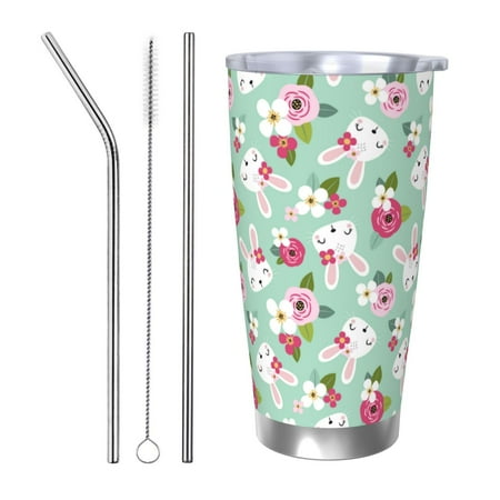 

Gaeub Bunny And Rose Print 20-Ounce Stainless Steel Car Cup Tumblers Cups with Lids and Straw Coffee Cups for Adults Kids Home Car Office School Travel Party-Straw Three-piece Set