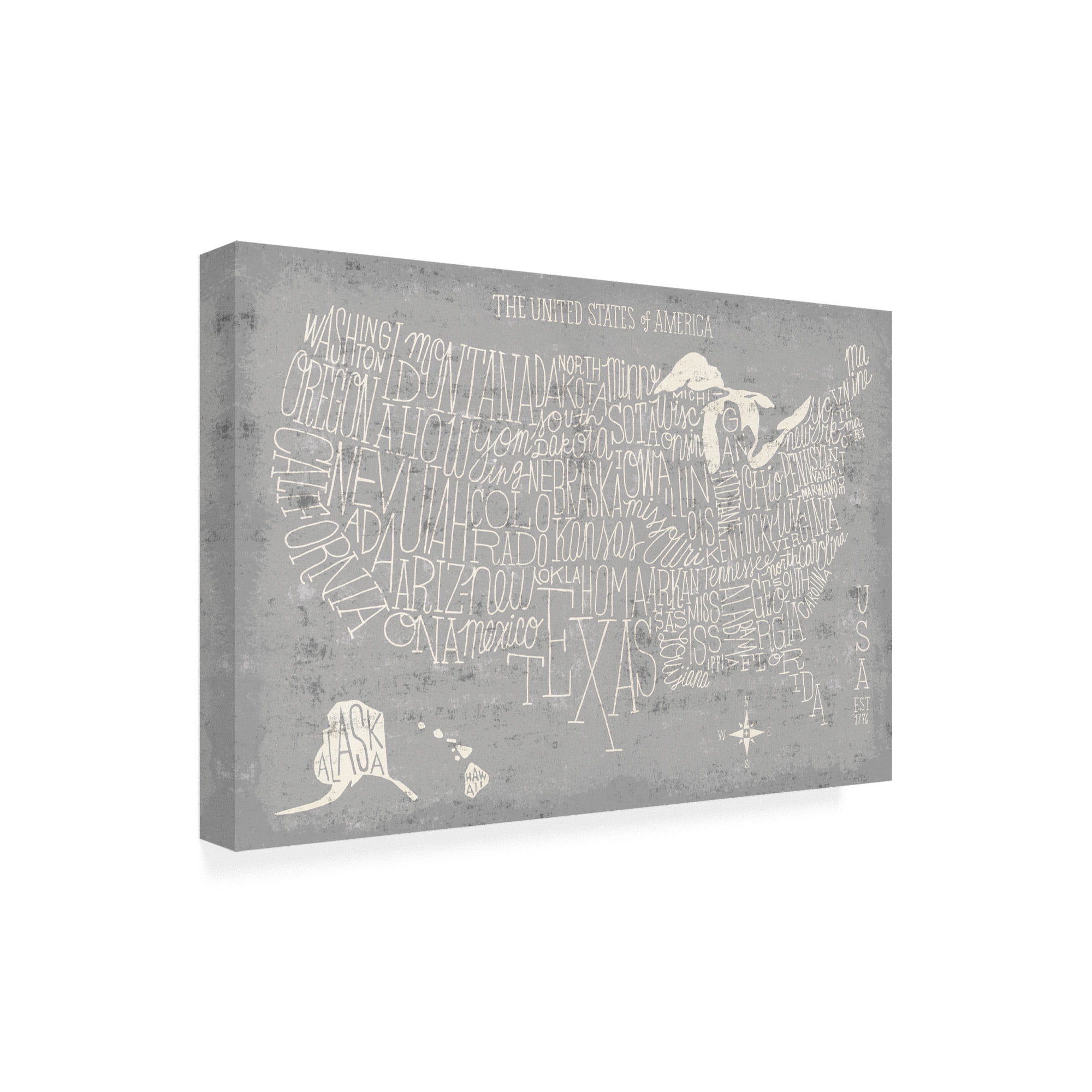 Trademark Fine Art 'Hand Lettered USA Map Gray' Canvas Art by Michael Mullan