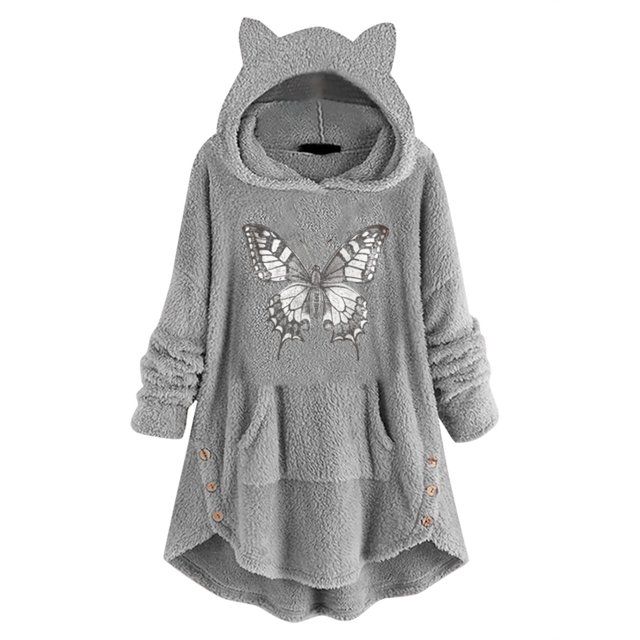 Túnica de moda Gibobby Vestido de Mujer de Manga larga con orejas y gorro con capucha y forro polar con estampado y bolsillos con botones Gris XXL