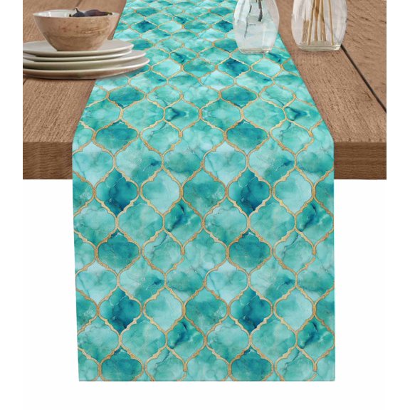 Table Runner Turquoise White Marble Table Decoration for Kitchen Dinning Lattice Modern Art Table Decoration for Indoor Outdoor Party Wedding Decor 13x72 Inch