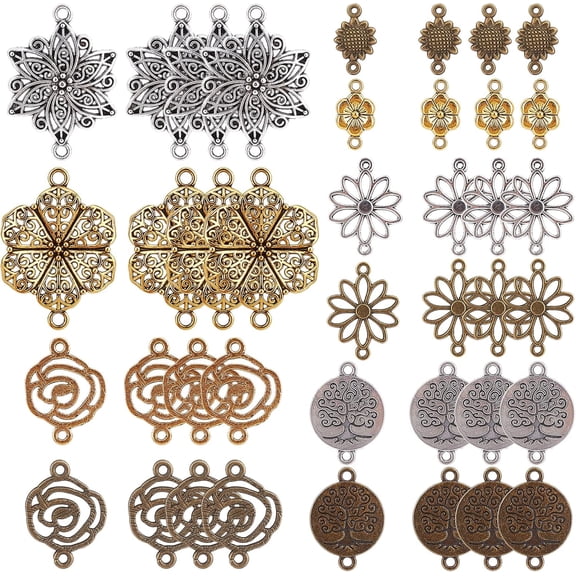 1 Box 60Pcs 10 Styles Filigree Connectors Charms Gold Filigree Connectors Tibetan Style Silver Bronze Metal Findings for Jewelry Making Charms Bracelet Earring Necklace Crafts