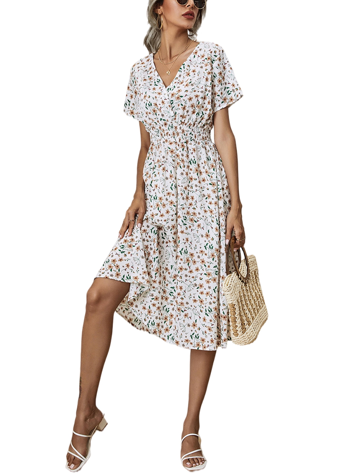 Women's Casual Boho V Neck Dotted Floral Printed Holiday Long A-Line Midi Dress 