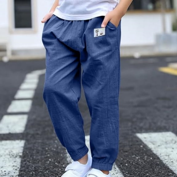 Domuza Boys Summer Cotton Linen Athletic Sweatpants Unisex Boys Print Lightweight Casual Running Workout Jogger Pants Dark Blue 150