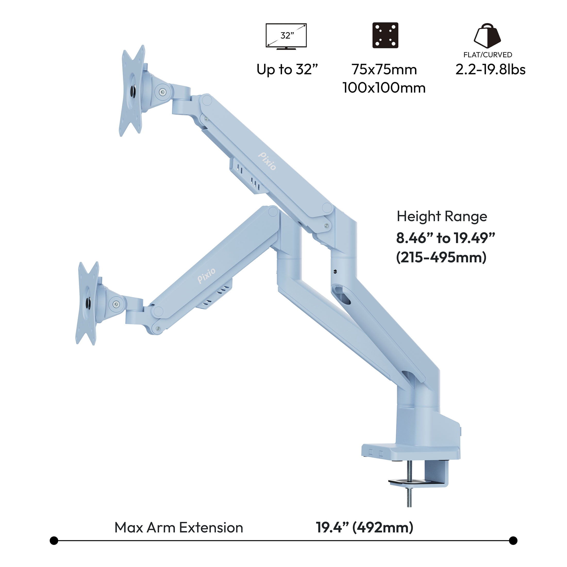 Pixio PS1D Wave Blue Dual Monitor Arm Stand Desk Mount - Fits up to 32 inches Monitors and up to 19.8lbs. VESA Compatibility and Integrated Cable Management