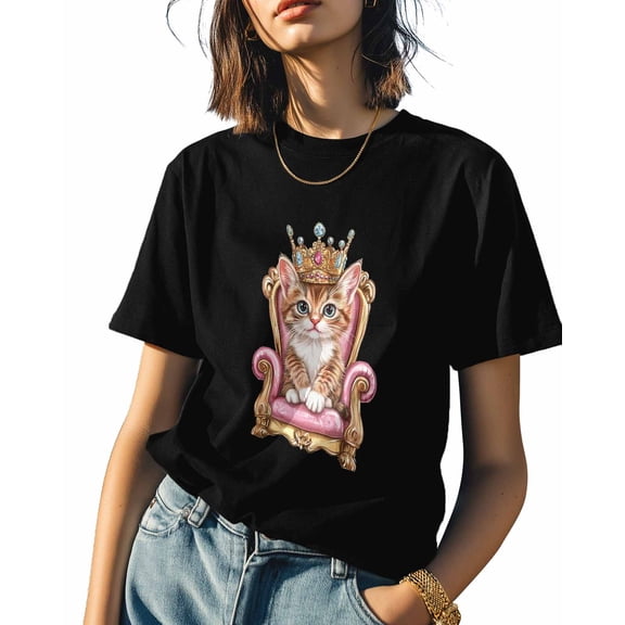 Women's T-Shirts, Cat Throne Crown Cotton Crewneck Tee Short Sleeve Casual Tops Loose Graphic T-Shirt Black, L