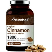NatureBell Ceylon Cinnamon 1800mg Per Serving, 180 Capsules, Made with Organic Sri Lanka Ceylon Cinnamon and Bitter Melon, 2 in 1 Support, Non-GMO, No Gluten