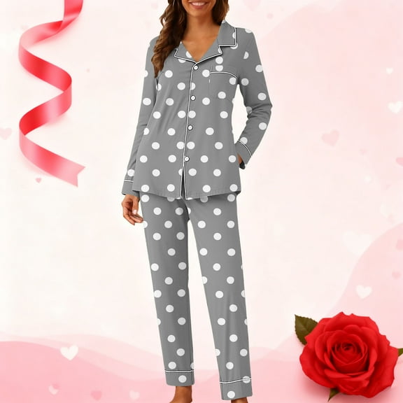 Mifsaly 2 Piece Pajama Set for Women Valentine Pajamas Matching Outfits Polka-Dot Homewear Button Down Sleepwear Loose Sleep Pants Spring Fall Pjs M