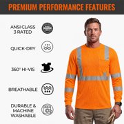 Hi-Vis Safety Shirt Class 3 Reflective, Orange Long Sleeve Work T-Shirt 6-Pack XL