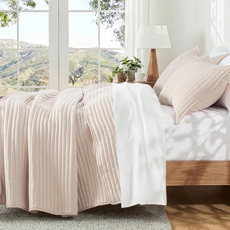 Exclusivo Mezcla Full Queen Quilt Bedding Set, Stripe Stitching Beige Quilts Queen Size for All Seasons, Soft Lightweight Microfiber Bedspreads Coverlets Bed Cover, 90"x96"