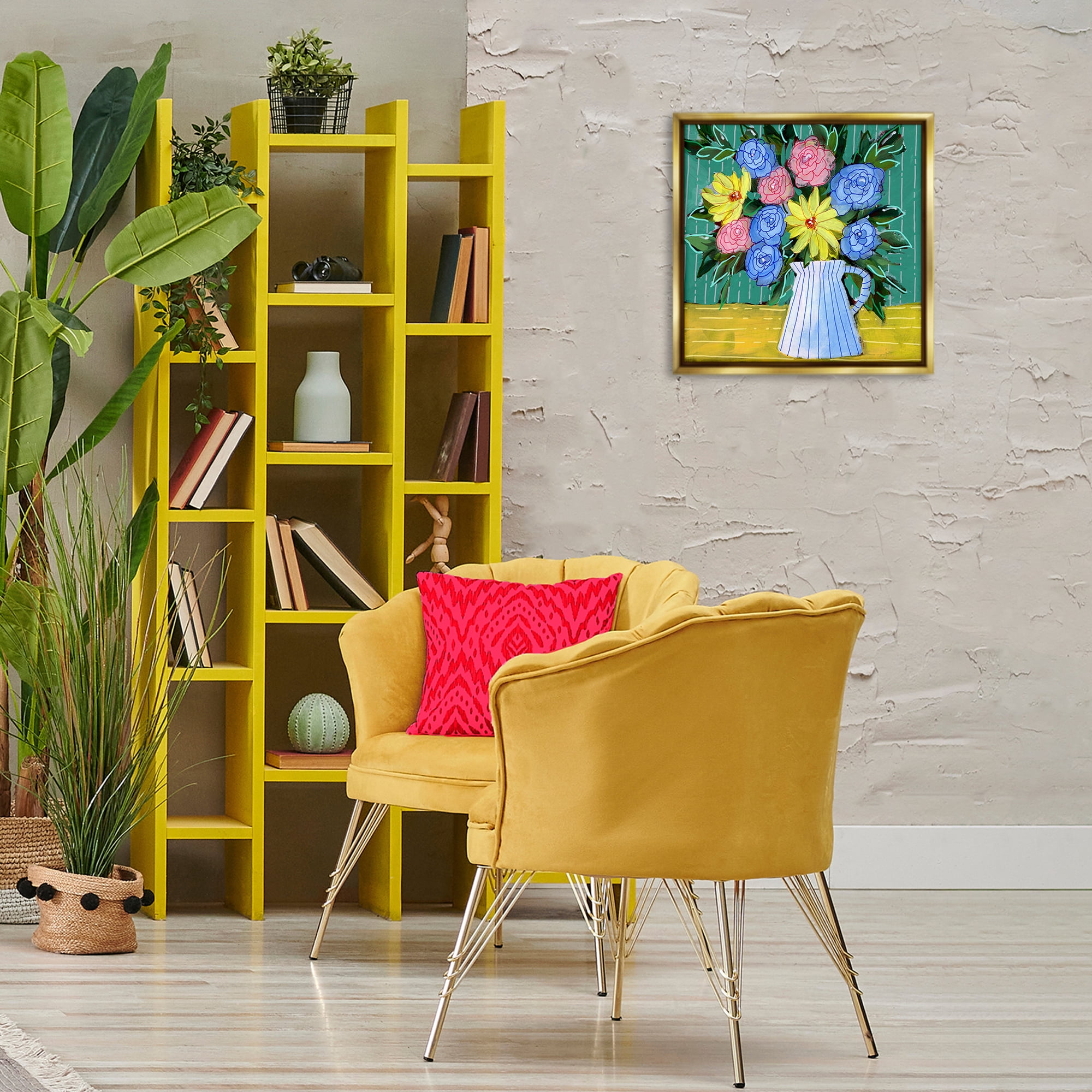 Stupell Industries Bright Pop Bouquet Plants & Flowers Painting Gold Floater Framed Canvas Art Print Wall Art, 18 x 18