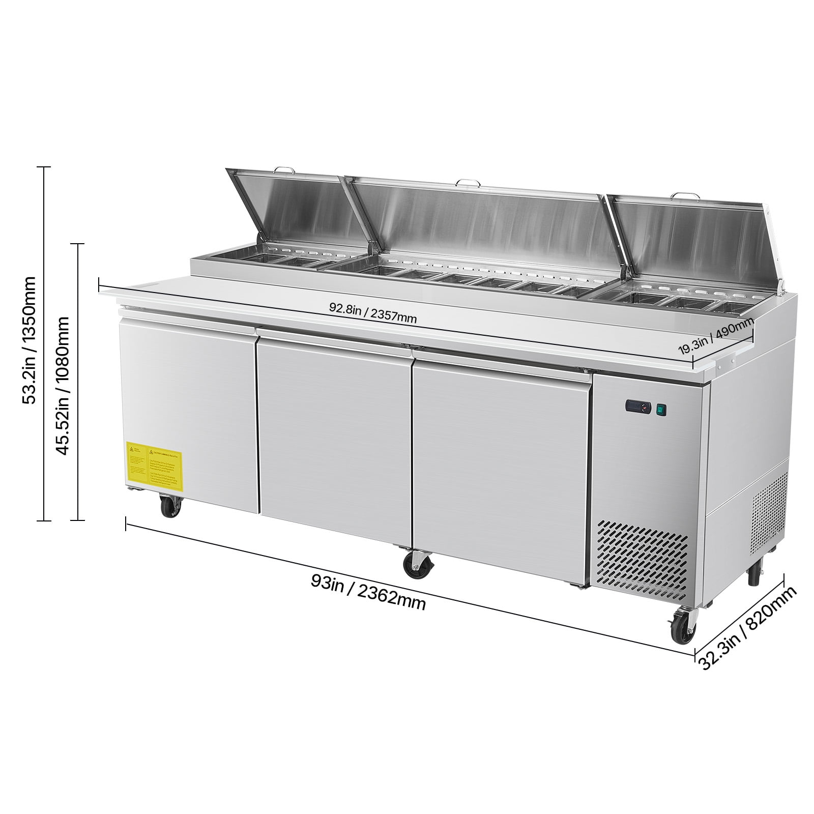 KFFKFF 93"W Commercial Refrigerated Prep Table, 20" Wide Countertop for Food Preparation, 30.8 Cu.Ft Single Door Salad Fridge, Includes 12 Pans and Cutting Board for Pizza and Salad Work