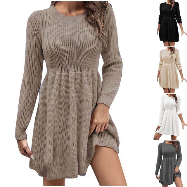 Gspmoly Robes Décontractées pour Femmes, Robe Chandail à Manches Longues et Col Rond Unie pour Femmes, Robe Chandail Longueur Genou, Robes d'Été pour Femmes Offres Hebdomadaires
