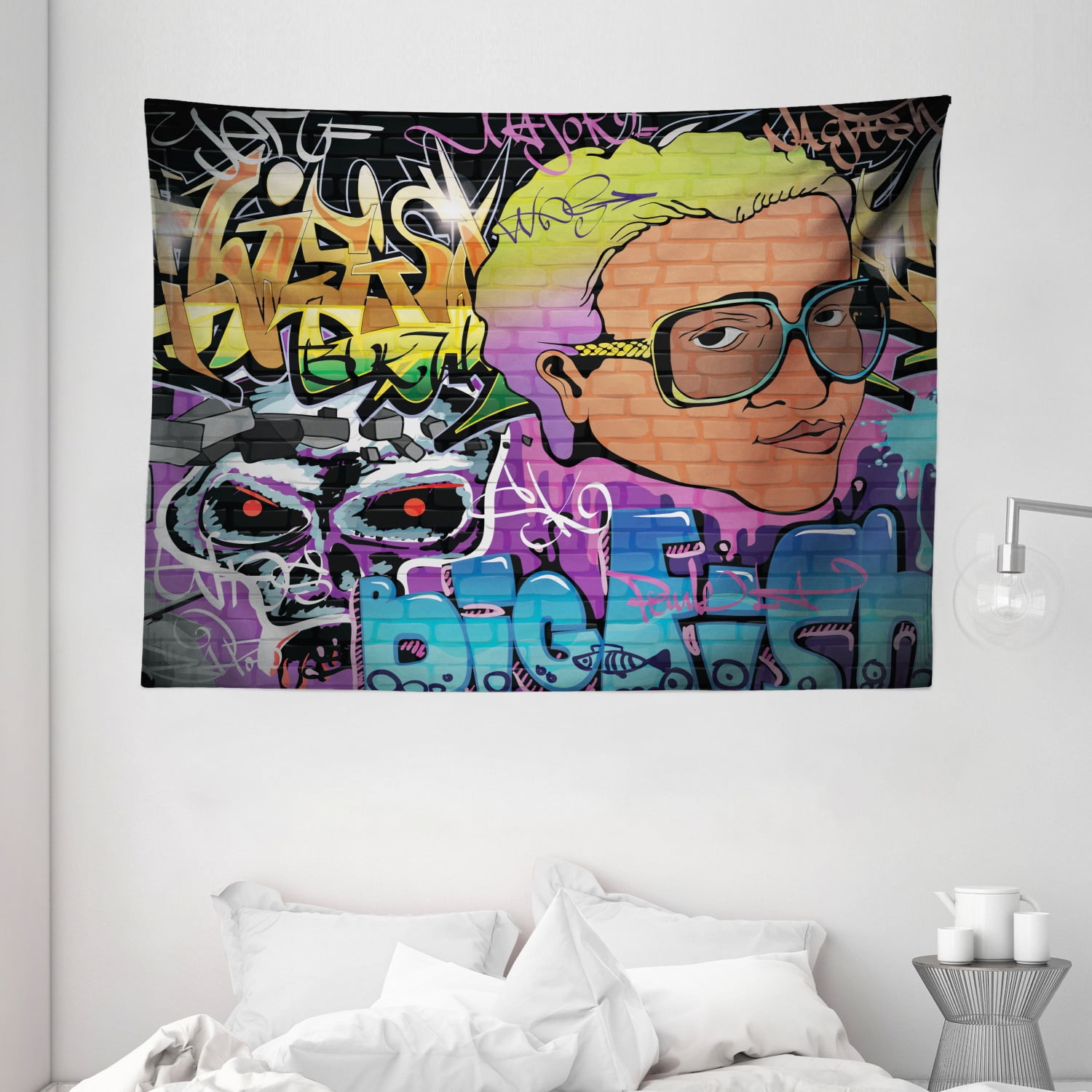 Urban Graffiti Tapestry, Artistic Hip Hop Design Graffiti Wall Urban Art Background Man Head