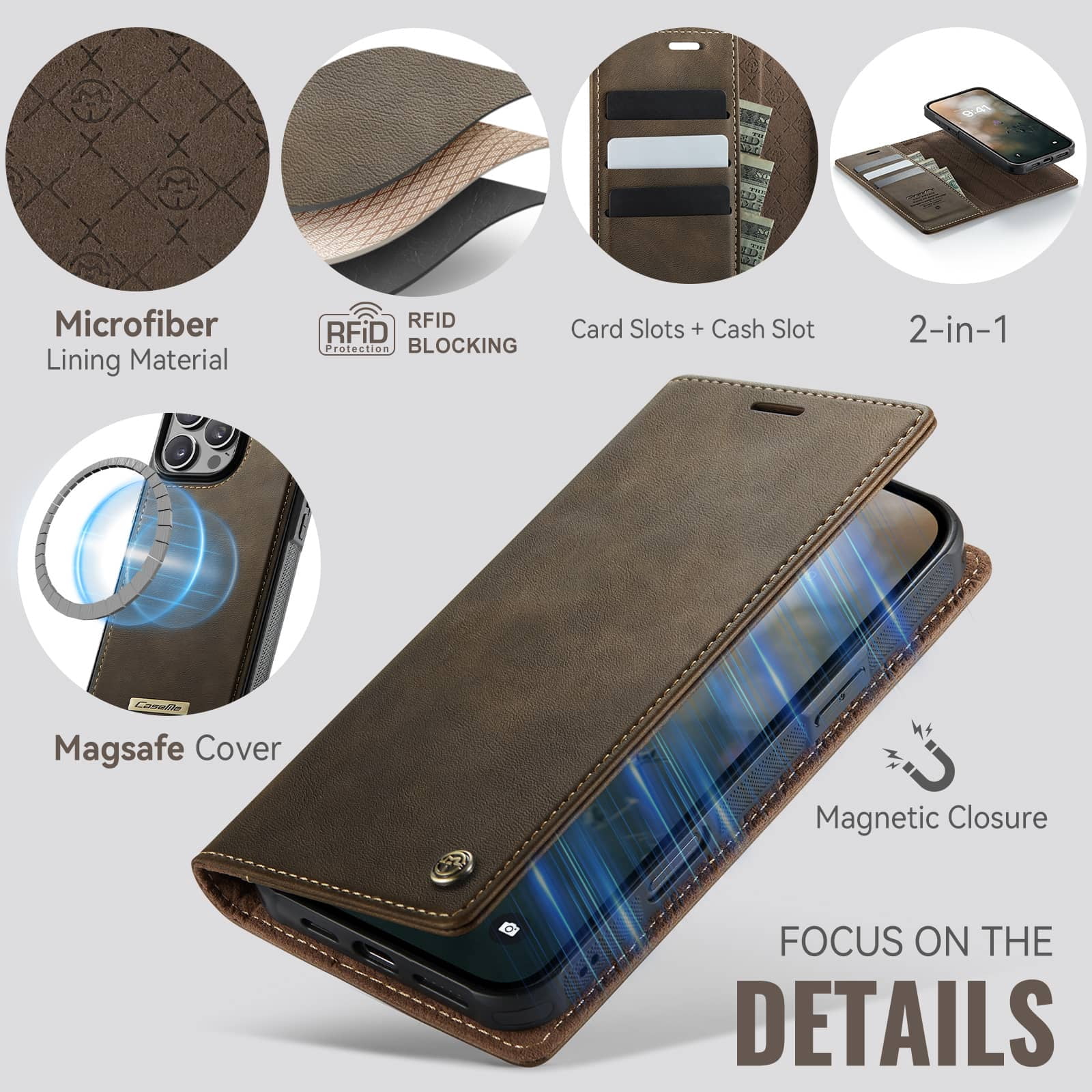 Magnetic 2 in 1 Magsafe Detachable Wallet Case for iPhone 16 Pro Max with Card Holder Women Men, Retro PU Leather【RFID Blocking】Kickstand Shockproof Cover
