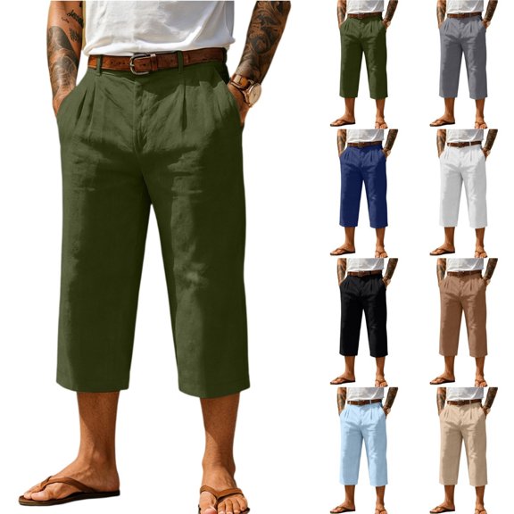 Men's Cropped Straight Leg Pants 3/4 Length Below Knee Drawstring Waist Lightweight Breathable Cotton Linen Blend Casual Summer Beach Travel Outdoor Lounge Shorts Army Green L