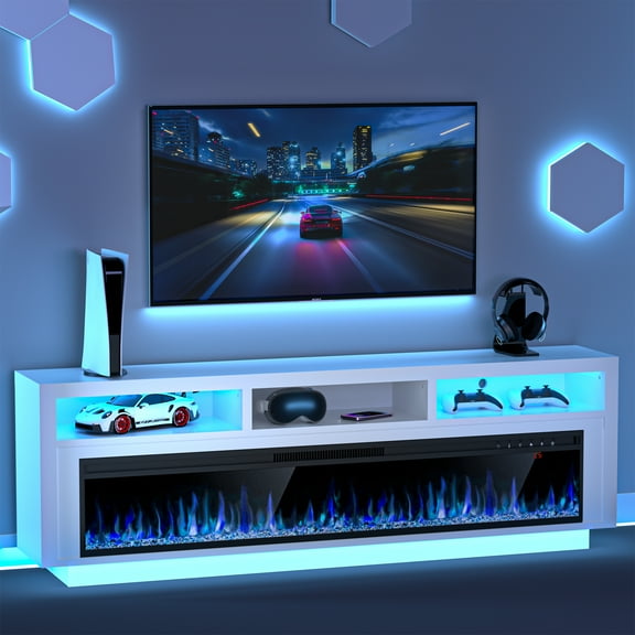 HARIPUL 58'' Fireplace TV Stand w/ LED Light & Storage Cabinet, Electric Fireplace for TVs up to 65 inches, White