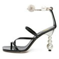 thumbnail image 2 of FSJ Women Chic Square Open Toe Strappy Sandals Pearl Bead High Heel Metal Ring Rhinestone Ankle Strap Pumps Wedding Dressy Shoes Size 12 Black, 2 of 4
