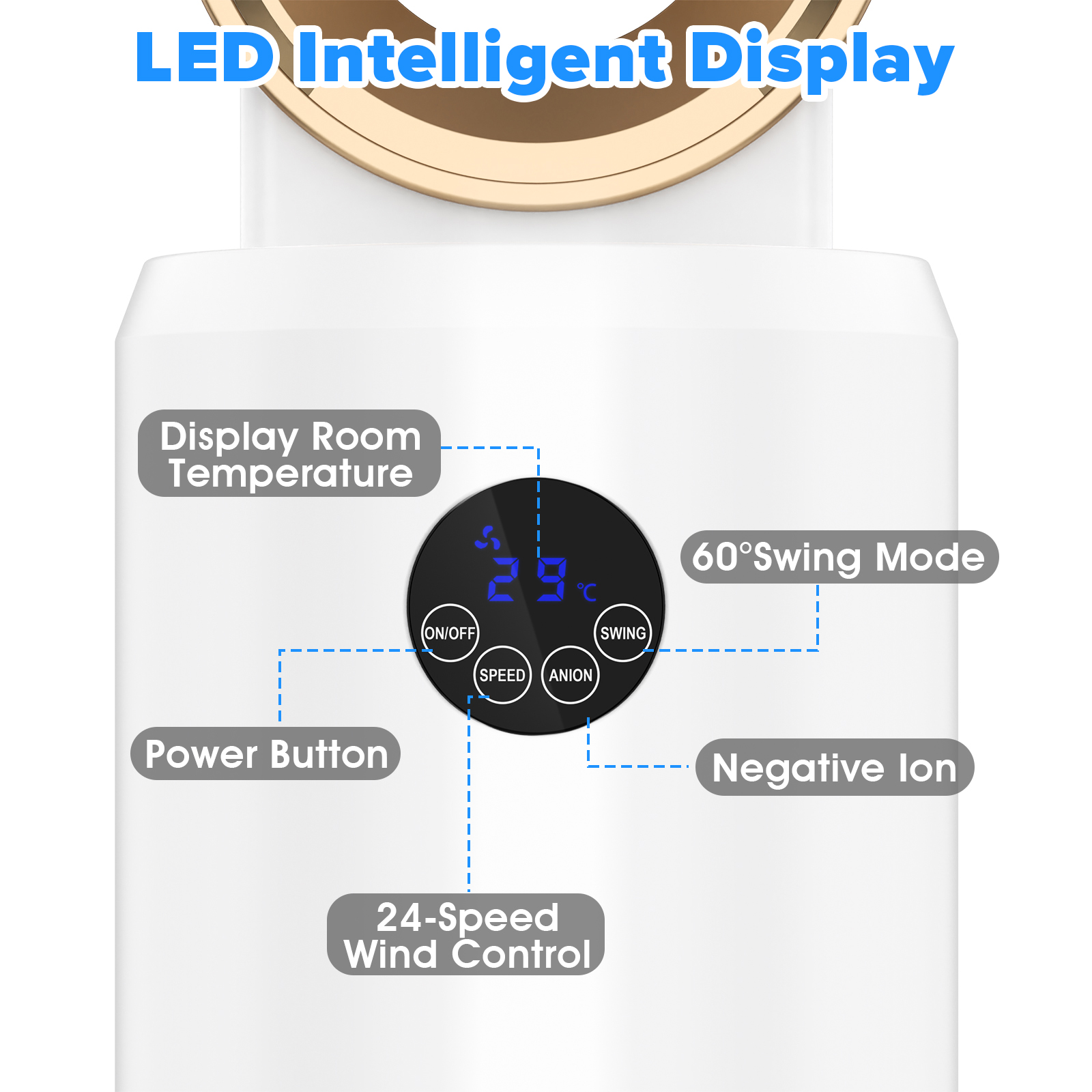 Advwin 38"Bladeless Tower Fan, Quiet Cooling Air Circulator with 60° Oscillation, 24 Speeds, Gold