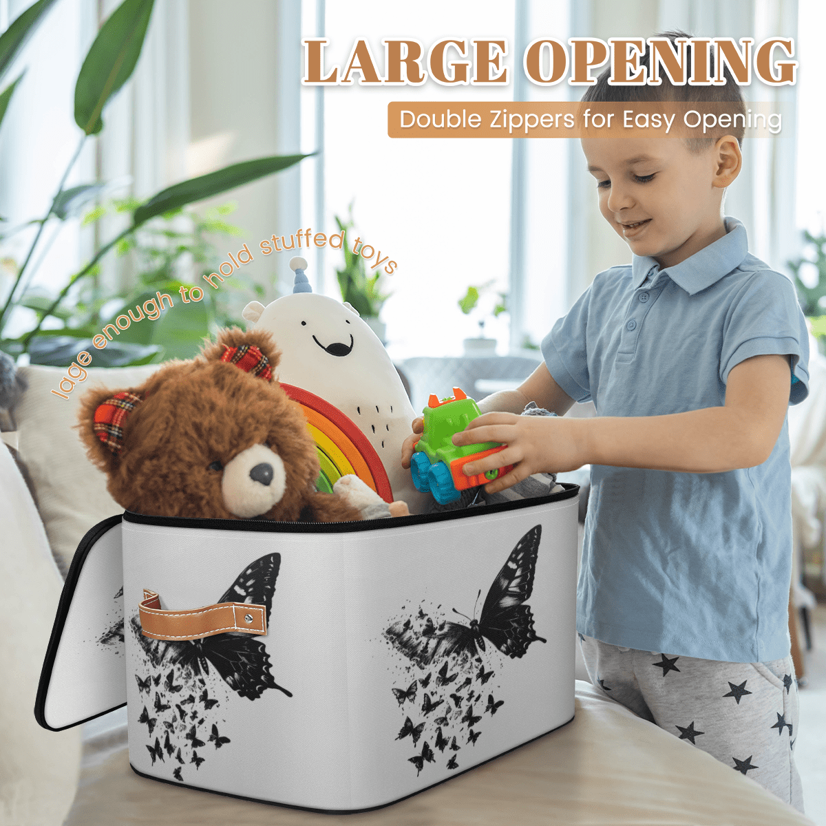 ADECORIVY Butterfly Storage Bin with Lid Fabric Black White Foldable Storage Baskets Boxes for Clothes Shelves Closet Organizer Containers with Leather Handles for Wardrobe